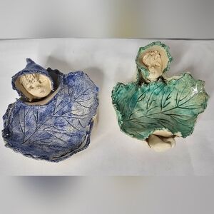 ​Vintage Garden Fairy Leaf Baby Pottery Figurines Set 2 Whimsical Nature Spirits
